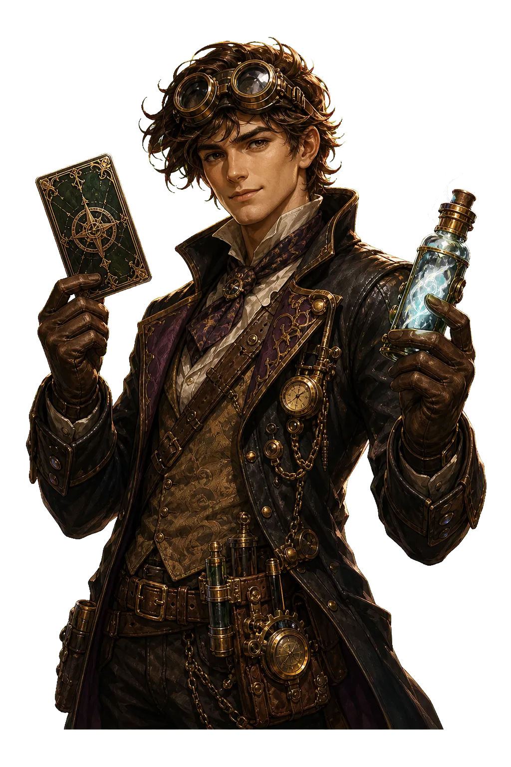 Syngineer steampunk tenant une carte lumineuse devant une ville lunaire